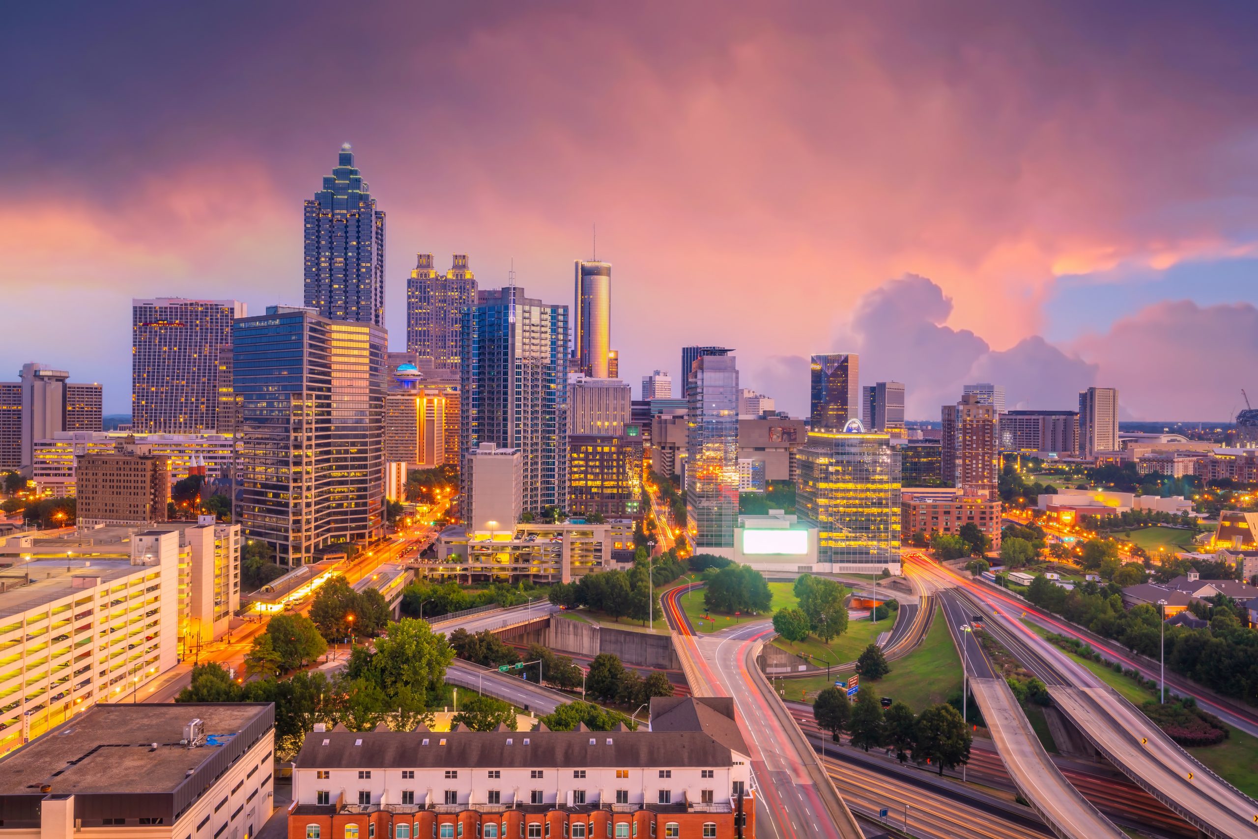 Downtown Atlanta city skyline cityscape at sunset