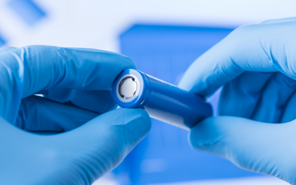Gloved hands holding a Li-ion battery