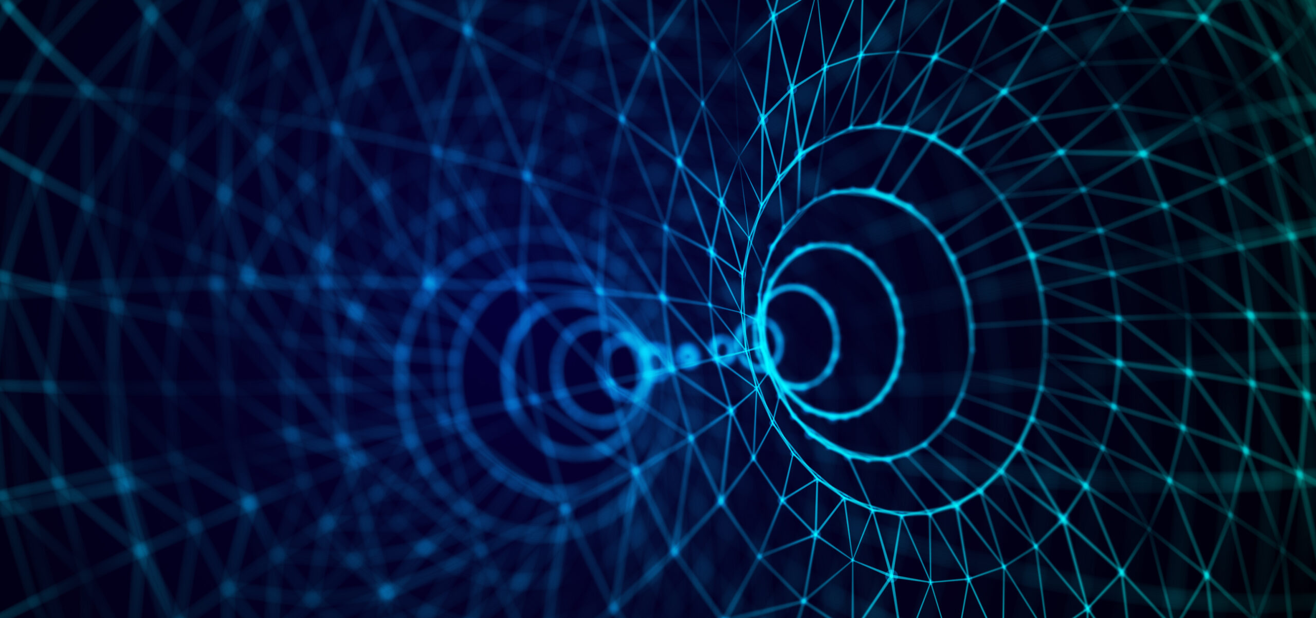 Decorative image of a futuristic technology wireframe tunnel on blue background