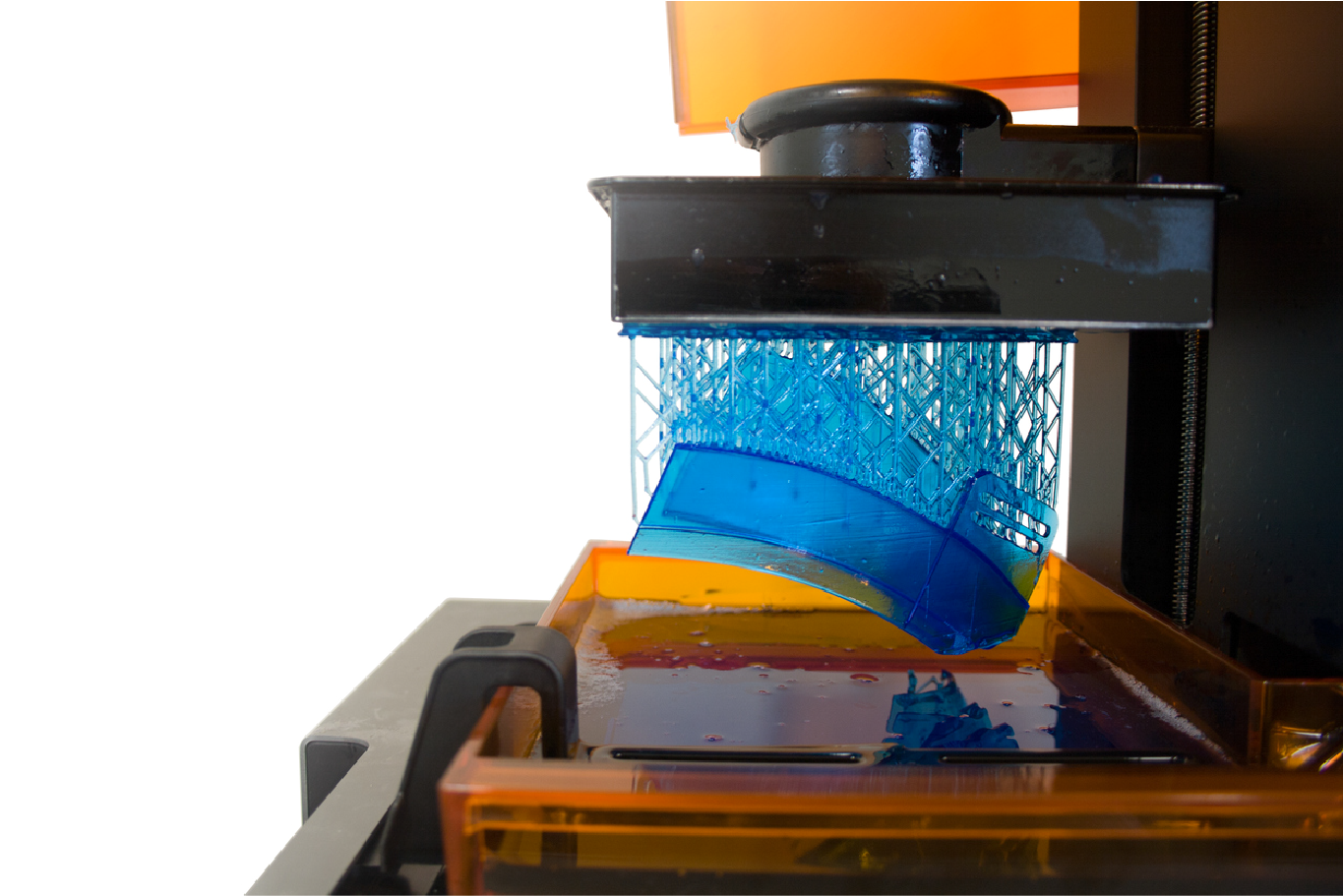 Image of a stereolithography (SLA) printer, which is a popular resin-based 3D printing method.